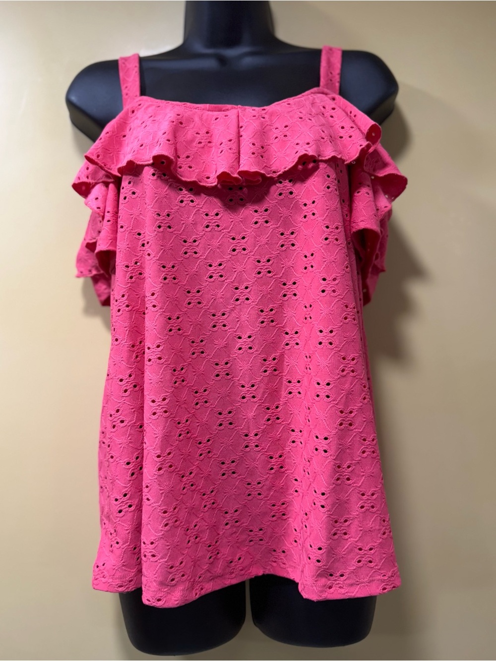Cable & Gauge Hot Pink Eyelet Ruffle Cold-Shoulder Camisole